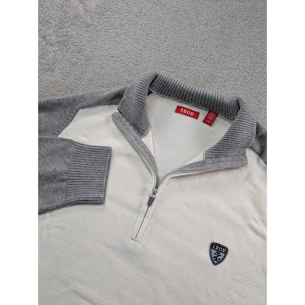 IZOD Mens Large 1/4 Zip Cotton Sweater Cream Gray Raglan Pullover Logo Patch